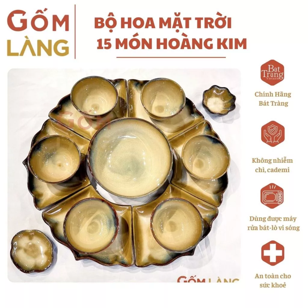Bộ Hoa Mặt Trời Hoàng Kim 15 Món Bát Tràng Mâm Cúng Tết Thủ Công Gốm Làng