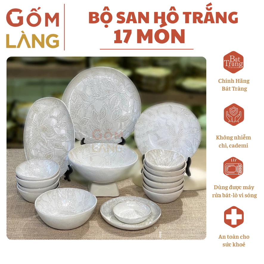 Bộ Bát Đĩa Bát Tràng San Hô Trắng 17 Món Cao Cấp Gốm Làng